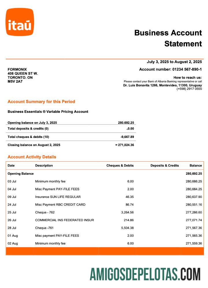 Imprimível Uruguay Itau Enterprise Statement Word And PDF modelo